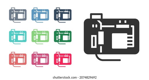 Black Electronic computer components motherboard digital chip integrated science icon isolated on white background. Circuit board. Set icons colorful. Vector