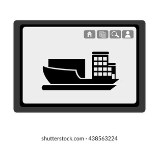 black electronic device with black cargo ship and media  icon on the screen over isolated background,vector illustration 