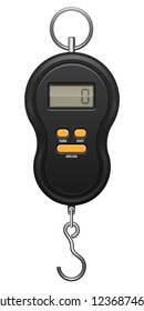 Black electronic device with orange buttons, metal hook and ring. Digit zero on screen display. Steelyard balance for weighing. Determination of weight. EPS10 vector illustration on wite background.