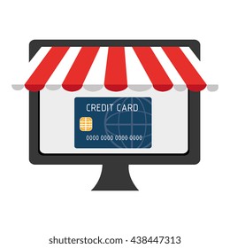 black electronic device screen with blue credit card  icon on the screen over isolated background, vector illustration, commerce concept