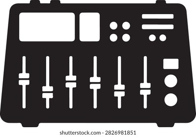 Black electronic mixer panel featuring faders, knobs, and transport controls in a clean layout
