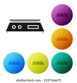 Black Electronic scales icon isolated on white background. Weight measure equipment. Set icons colorful circle buttons. Vector Illustration