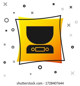 Black Electronic scales icon isolated on white background. Weight measure equipment. Yellow square button. Vector Illustration