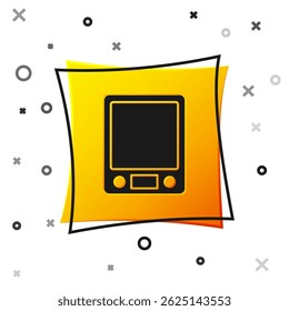 Black Electronic scales icon isolated on white background. Weight measure equipment. Yellow square button. Vector