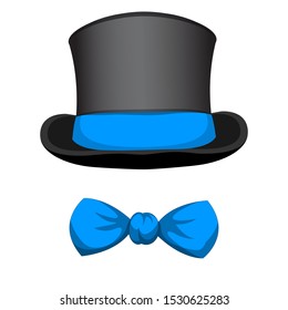 Black elegance hat and bow-tie isolated on a white background. Cartoon vector illustration. EPS10