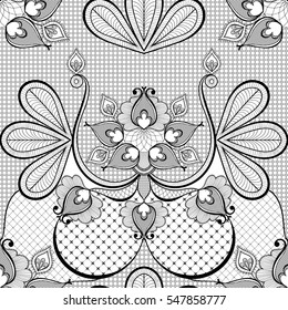Black elegance lace vector illustration for vintage card decoration, seamless pattern for fabric. Floral romantic background. Zentangle luxury ornament for wedding invitation, save the date. 
