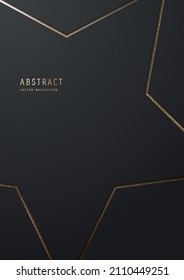 Black elegant background with outline star, shiny golden glitter and sparkles. Layered geometric design template of invitation, brochure, notebook or card. A4 cover in minimalism style