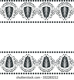 Black elegant border in damask retro style. Leaf ornament with swirls, fan or feather motifs with dotted row. For invitation cards or border cloth.