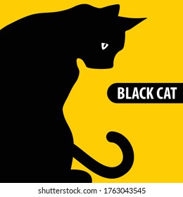 Black elegant Cat isolated on yellow background. Vector illustration.