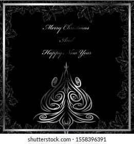 the black elegant christmas tree with pine tree and silver decoration logo