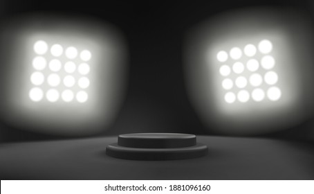 Black elegant empty round podium illuminated by big spotlight vector illustration template for product presentation, showcase, award