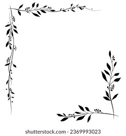 Black elegant floral corners from two branches with leaves and berries. Logo element for laurel wreaths. Hand drawn wedding grass line with leaves for invitation, save date card