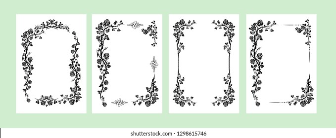 Black elegant frames set of roses for holiday design wedding, anniversary, party, birthday. For invitation, ticket, leaflet, banner, poster and tattoo. Fairy flourish design elements