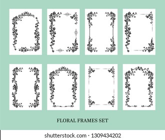 Black elegant frames set of roses for holiday design wedding, anniversary, party, birthday. For invitation, ticket, leaflet, banner, poster and tattoo. Fairy flourish design elements