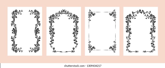 Black elegant frames set of roses for holiday design wedding, anniversary, party, birthday. For invitation, ticket, leaflet, banner, poster and tattoo. Fairy flourish design elements