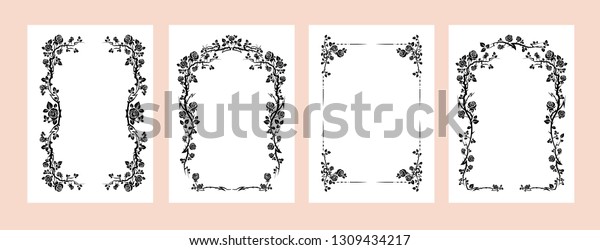 Black elegant frames set of roses for holiday\
design wedding, anniversary, party, birthday. For invitation,\
ticket, leaflet, banner, poster and tattoo. Fairy flourish design\
elements