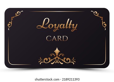 Plantilla de tarjeta de fidelidad elegante y negra. Tarjeta de negocios de época con texto real dorado 3d, patrón. Una invitación de lujo. Ilustración vectorial para vip, tarjeta de bono, certificado de regalo	
