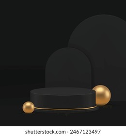 Black elegant luxury 3d podium pedestal for male product presentation realistic vector illustration. Dark premium cylinder display with golden decor element and semi circle wall background for show
