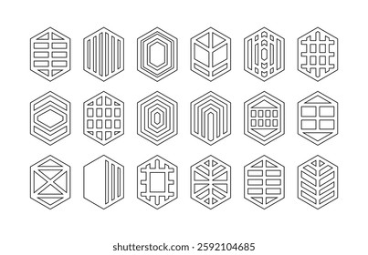 Black elegant and modern assorted isolated thin outline pointy hexagon shapes emblems icons set design elements on white background poster