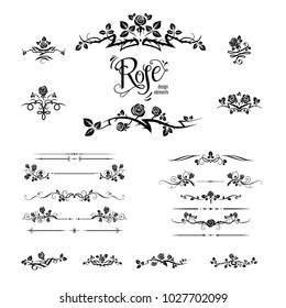 Black elegant silhouette of roses for holiday design wedding, anniversary, party, birthday. For invitation, ticket, leaflet, banner, poster and tattoo. Fairy floral flourish design elements