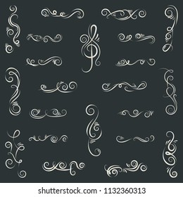 Schwarze und elegante Schwirl-Kollektion. Reihe von Rollen und Rollen für die Wanddekoration und Tätowierungen. Vektorgrafik.
