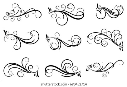 Black and elegant swirls collection. Set of curls and scrolls for wall decoration and tattoos. Vector illustration.