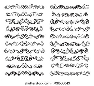 Black and elegant swirls collection. Set of curls and scrolls for wall decoration, wedding invitations, tattoos, postcards, book text and more. Calligraphic divider vector illustration.
