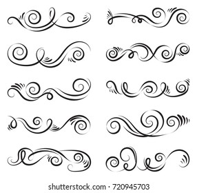 Black and elegant swirls collection. Set of curls and scrolls for wall decoration, book dividers, frames and tattoos. Vector illustration.