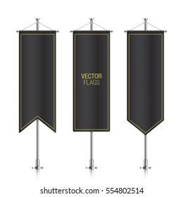 Black elegant vertical flag mockups, isolated on a white background. Set of vector banner flag templates hanging on a silver metallic poles.