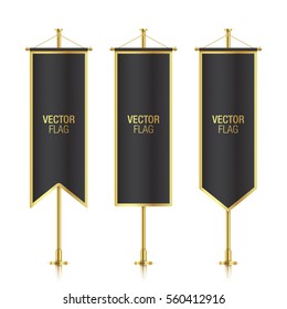 Black elegant vertical flag mockups with golden strokes, isolated on a white background. Set of black vector banner flag templates hanging on a golden poles.