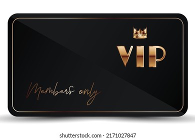 Black elegant vip card template. Modern business card for members only with golden 3d text, crown. Luxury abstract invitation. Vector illustration for loyalty, bonus card, gift certificate