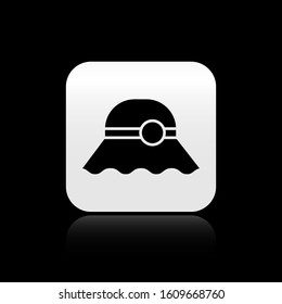 Black Elegant women hat icon isolated on black background. Silver square button. Vector Illustration