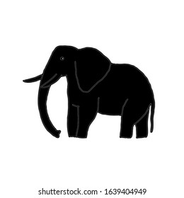 Black elephant silhouette, isolated on white background. Hand-drawn vector illustration. Good for print, emblem, decoration, icon, t-shirt design, etc.