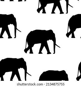 Black elephant silhouette isolated on white vector seamless pattern design. Wildlife elefant with tusks and trunk.  Elephant silhouette endless pattern.