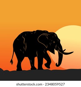 Black elephant vector illustration with sunset background