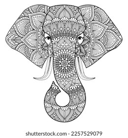 Schwarzer Elefant. Vektorgrafik für Stoffdrucke. Mandala Elefant Line Art Design. Elefant für Druck, Muster, Logo, Icon, Hemddesign, Farbseiten.