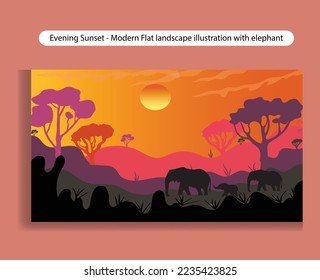  elefante negro caminando en el fondo de la montaña y puesta de sol Vector de luz de la noche Ilustración