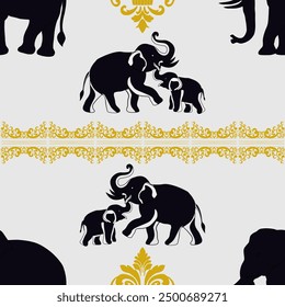 Black Elephat Mom and Kid , Gemetric Ethnic traditional seamless , Aztec, Tribal, Hmong, Native American Indian, Pattern design for wrap, carpet, decorative illustraion
