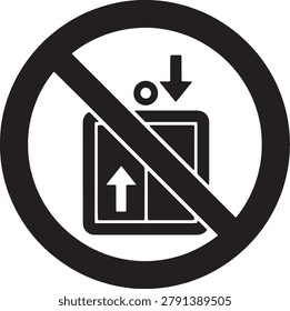 Black elevator prohibition sign icon representing restricted access for lift usage or machinery operation. Simple vector graphic design for safety warning signage in public buildings.