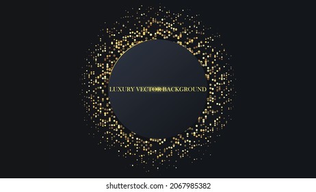 Black  elipse and gold halftone glitter dots background. Golden confetti glitter on black gradient background. Luxury vector illustration for your design.
