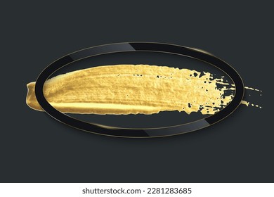 Black ellipse border on golden brush stroke vector illustration. Realistic 3d frame of round geometric shape, gold splash smear on paper, decoration with shiny effect isolated on black background.
