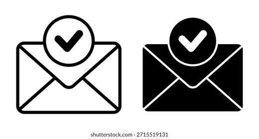Iconos negros de verificación de correo electrónico con sobres con marcas de verificación. Ideal para mensajes verificados, comunicación aprobada, confirmación de bandeja de entrada y herramientas de flujo de trabajo digital.