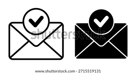 Black email check icons featuring envelopes with check marks. Ideal for verified messages, approved communication, inbox confirmation, and digital workflow tools.