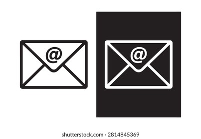 Black email envelope icons with at symbol for contact us sections and digital messaging user interfaces.