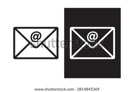 Black email envelope icons with at symbol for contact us sections and digital messaging user interfaces.