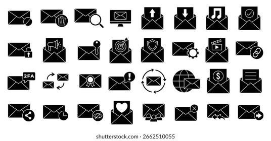 Negro Email Icono Diseño de Vector, Mensaje, Sobre, Comunicación, Tecnología, Ordenador, Red, Símbolo Ilustración Colecciones Conjuntos