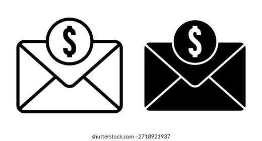 Black email icons featuring dollar symbols suited for payment notifications, billing messages, financial communication, and business dashboards.