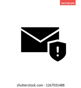 Black email message warning icon, shield shape exclamation mark. simple risk & unprotected flat design interface concept elements app ui ux web button logo, graphic vector isolated on white background