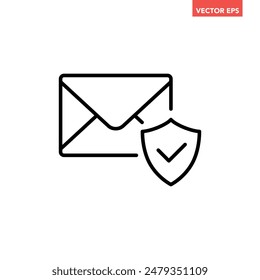 Black email under security protection with checkmark shield line icon, simple guard sent e-mail  interface concept elements app ui ux web button logo, flat design vector isolated on white background