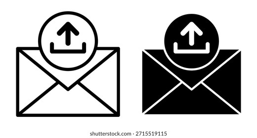 Iconos negros de Cargar de correo electrónico con sobres con flechas hacia arriba para mensajes salientes, envío de contenido y flujos de trabajo de comunicación digital.